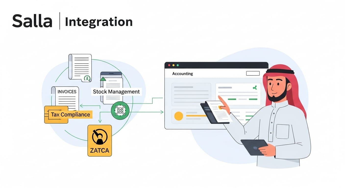 رسم توضيحي لربط متجر سلة بنظام ERP وخيارات المنتجات